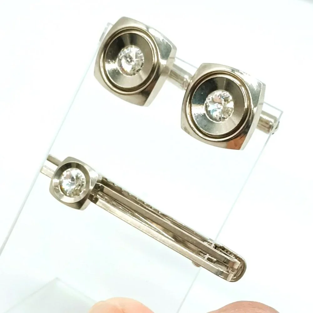 Men's Cufflinks & Tie Bar Set Silver Tone with Rhinestone Center
